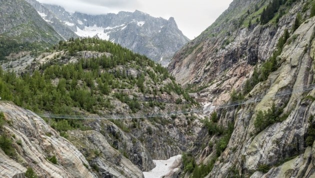 Mit ihren 160 Metern Länge und 120 Metern Höhe überspannt die Aspi-Titter-Brücke die Weisswasserschlucht. (Bild: aletscharena.ch)