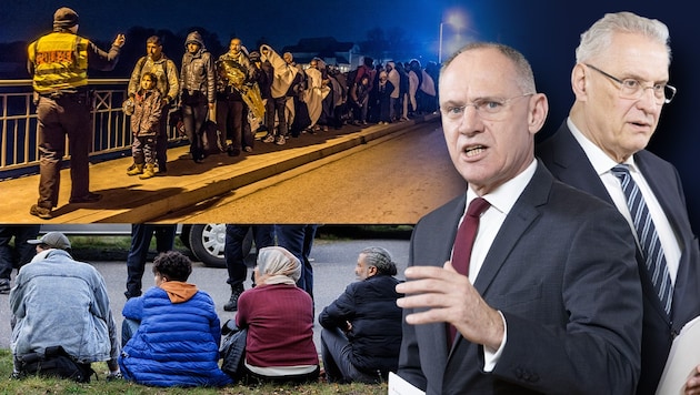 Bavaria's Interior Minister Joachim Herrmann (CSU, pictured right) has sharply criticized the announcement by his Austrian counterpart Gerhard Karner that he does not want to take in any migrants rejected by Germany at the border. (Bild: Krone KREATIV/APA/TOBIAS STEINMAURER, APA/TOBIAS STEINMAURER, JENS SCHLUETER/AFP, APA/AFP/DPA/ARMIN WEIGEL, APA/ARMIN WEIGEL)