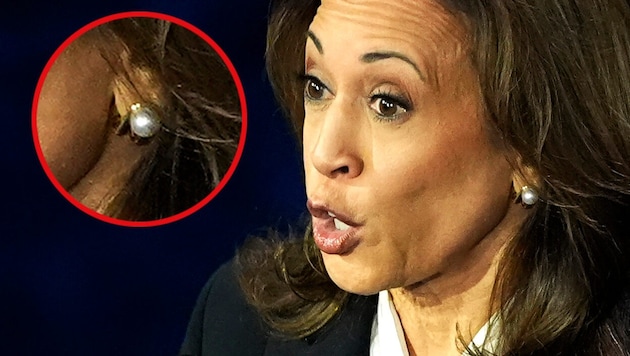 Kamala Harris aroused suspicion among Republican supporters with her earrings during the first TV debate. (Bild: Krone KREATIV/AP/Alex Brandon)