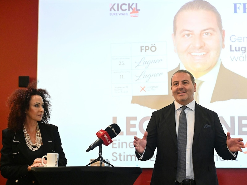 Christina Lugner and Leo Lugner (FPÖ) on Thursday, September 12, 2024, at the presentation "Personenkomitee für FPÖ-Nationalratskandidat Leo Lugner" at Lugner City in Vienna. (Bild: APA/HELMUT FOHRINGER)