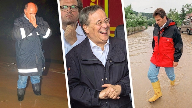 Lower Austria's former governor Erwin Pröll scored points with authenticity. Armin Laschet's laugh (center) may have cost him his chancellorship. Viktor Klima slipped into his rubber boots before a NATO summit. (Bild: Krone KREATIV/Gerald Lechner, Tesarek H./APA, Marius Becker)