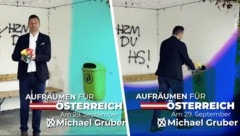 Der oberösterreichische FPÖ-Landtagsabgeordnete Michael Gruber schimpft in einem Video gegen „linke, degenerierte Politik“ und wirft eine Regenbogenfarbe weg. (Bild: Krone KREATIV/Instagram.com)