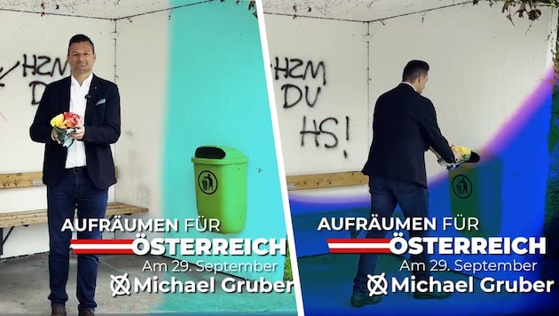 In a video, Upper Austrian FPÖ member of parliament Michael Gruber rails against "left-wing, degenerate politics" and throws out a rainbow color. (Bild: Krone KREATIV/Instagram.com)