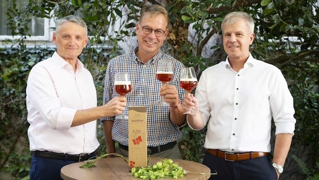 A toast to nature with a "Steyrtaler Schluchtwald" - Schöppl, Kiesbye and Gruber tasted in Purkersdorf. (Bild: ÖBf)