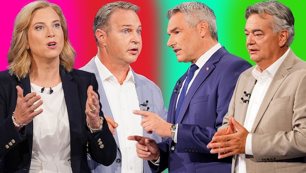 Fighting for voters' favor: Beate Meinl-Reisinger, Andreas Babler, Karl Nehammer and Werner Kogler (from left to right) (Bild: Krone KREATIV/APA)