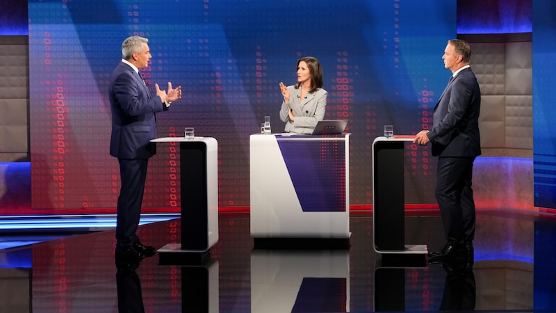 Bundeskanzler Karl Nehammer, ORF-Moderatorin Alexandra Maritza Wachter und SPÖ-Chef Andreas Babler (Bild: ORF Sendungen/ORF)