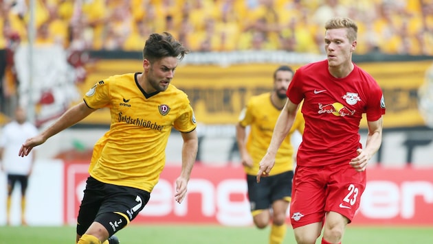 Niklas Kreuzer (links) durfte mit Dynamo Dresden 2016 im DFB-Cup gegen RB Leipzig ran.  (Bild: GEPA/GEPA pictures)