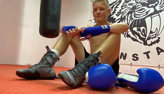 Fabio Rabel (14) competes in his first newcomer fight at the "Pannonia Fight Storm".