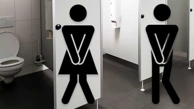 Many people shirk from "pushing" in public restrooms. (Bild: Krone KREATIV/leomalsam, Polina Tomtosova – stock.adobe.com)