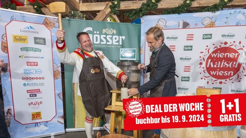 von links: Johann Pittermann, Geschäftsführer der Wiener Kaiser Wiesn und Bernhard Mitteröcker, Verkaufsdirektor „Gösser Gastronomie Region Ost“ (Bild: Wiener Kaiser Wiesn/Bubu Dujmic)