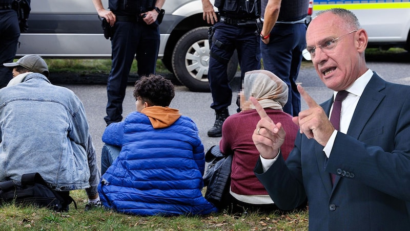 Interior Minister Gerhard Karner (ÖVP) announces massive resistance to the announced rejections of migrants at the German borders. (Bild: Krone KREATIV/APA, AFP/DPA)