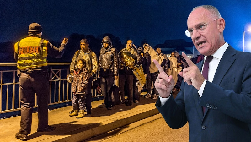 Interior Minister Gerhard Karner (ÖVP) announces massive resistance to the announced rejections of migrants at the German borders. (Bild: Krone KREATIV/APA, AFP/DPA)