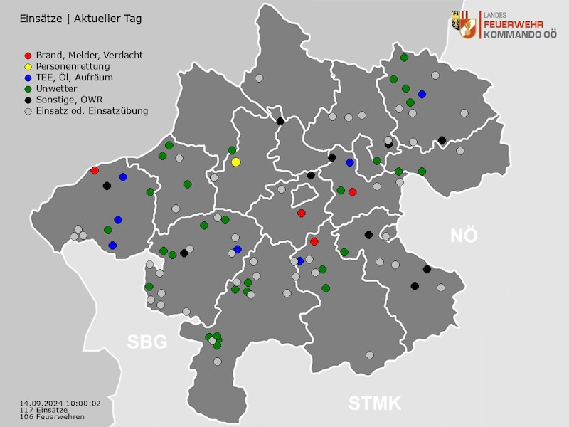 Eine Karte der Einsätze am Samstag bis 10 Uhr. (Bild: Landesfeuerwehrkomanndo OÖ)