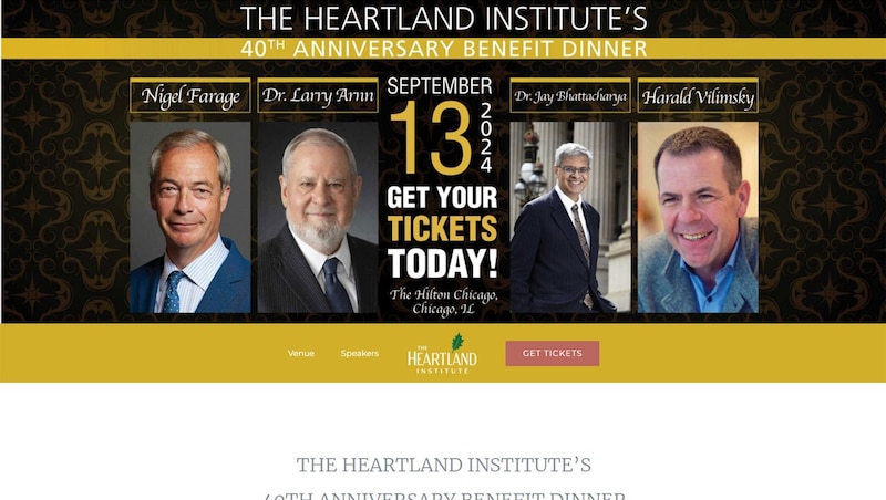 FPÖ-EU-Mandatar Vilimsky wurde auf der Website (siehe Screenshot oben) als einer der Sprecher beim Fundraising-Dinner anlässlich des 40-Jahr-Jubiläums des Heartland Institute geführt. (Bild: Heartland Institute (Screenshot))