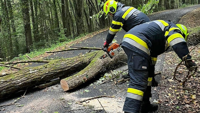 Auch in Stiwoll standen die Helfer die ganze Nacht über im Einsatz, um Verkehrswege ...