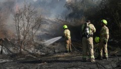 Feuerwehrleute bei Löscharbeiten nach dem Raketeneinschlag. (Bild: APA Pool/AFP/Menahem KAHANA)