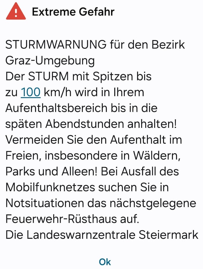 Diese Warnung bekamen am Sonntag am frühen Nachmittag Tausende Steirer auf ihre Handys.