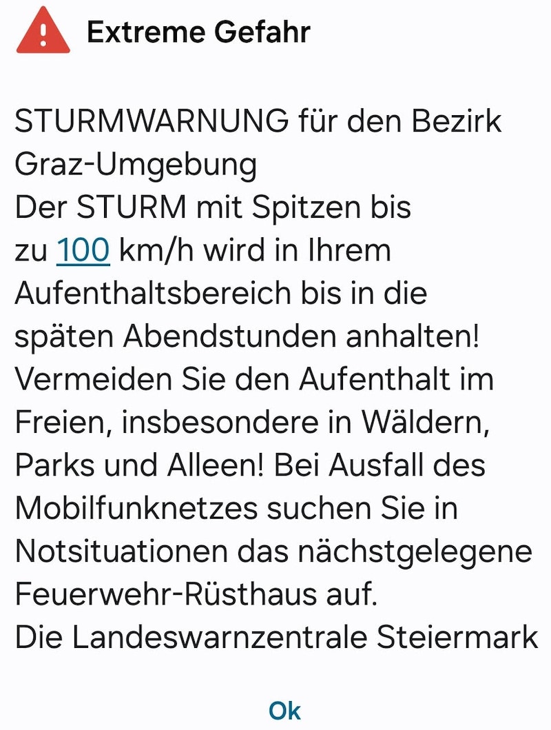 Thousands of Styrians received this warning on their cell phones in the early afternoon on Sunday. (Bild: Steirerkrone)