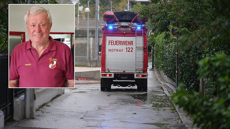 Franz H. (75) half als Reservist, stürzte bei Not-Auspumparbeiten über eine Stiege und starb. (Bild: Freiwillige Feuerwehr Rust, APA/Georg Hochmuth, Krone KREATIV)