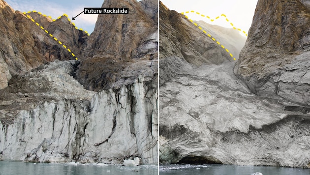 Images of the mountain peak (marked in yellow) and the glacier before (left) and after the massive landslide (right) (Bild: Søren Rysgaard (links), Danish Army (rechts) / Collage: KIT/Elias Kobel)