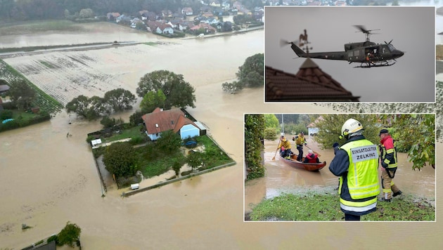 The water masses in the country have largely receded. Reconstruction will now be a major effort following the devastating disaster in Lower Austria. (Bild: APA/Helmut Fohringer, DOKU-NÖ/BMLV/DANIEL TRIPPOLT, Krone KREATIV)