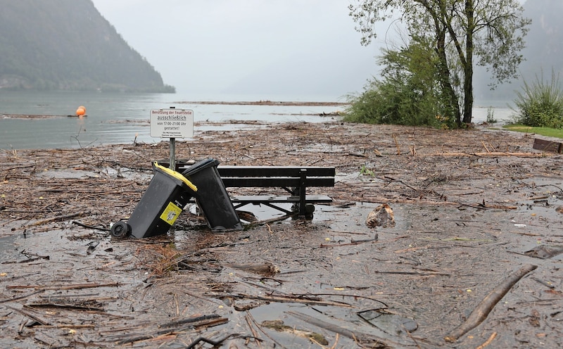 Der Traunsee trat über die Ufer, zudem sorgte angeschwemmtes Treibgut erneut für Probleme. (Bild: Marion Hörmandinger)