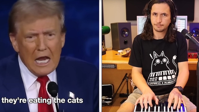 Im Video zum Song (siehe oben) spielt der Künstler Ausschnitte aus dem TV-Duell zwischen Donald ...