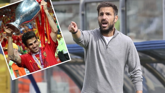 Cesc Fàbregas -- on the left with the 2012 European Championship trophy and on the right as Como coach (Bild: Associated Press, GEPA)