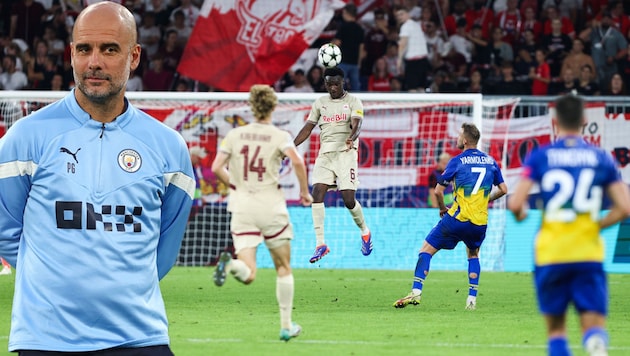 Samson Baidoo (center, number 6) soars for a header. In passing, he arouses the interest of star coach Pep Guardiola (left). (Bild: GEPA)