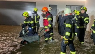 Mauerkirchener Feuerwehrleute transportieren Kinder in einer Scheibtruhe durch das Wasser (Bild: FF Mauerkirchen)