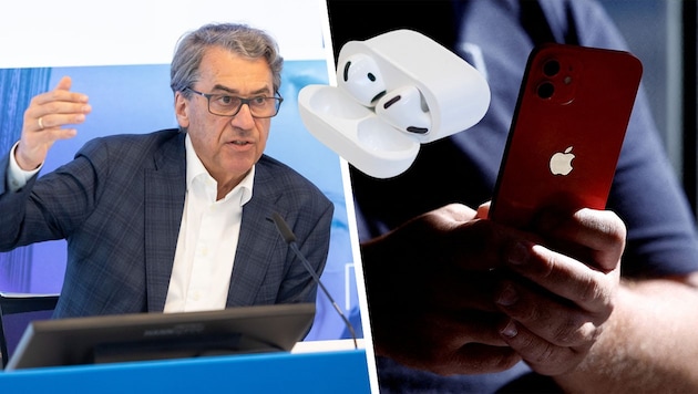 Stefan Pierer sells the majority of Leoni AG to Luxshare, an Apple supplier that manufactures iPhones and Airpods, among other things. (Bild: Krone KREATIV/IV OÖ/Roland Pelzl, AFP, REUTERS)