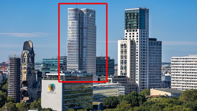 The Upper West high-rise building (marked in red) in Berlin, the former headquarters of Signa in Germany, was searched on Tuesday. (Bild: AFP/Odd Andersen, Krone KREATIV)