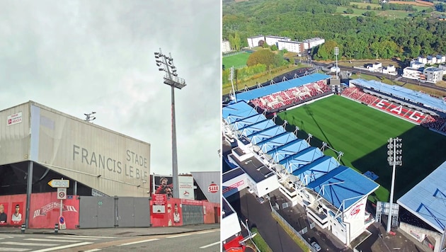 Der Erzrivale als Ausweichquartier! Das alte Stadion Francis-Le Blé in Brest (li.) erfüllt die UEFA-Anforderungen nicht, so geht’s für die Königsliga-Premiere ins rund 110 km entfernte Guingamp (r.). (Bild: EA Guingamp, Ilona Perrot)