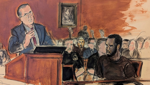 Courtroom drawing of the trial (Bild: AP ( via APA) Austria Presse Agentur/Elizabeth Williams)