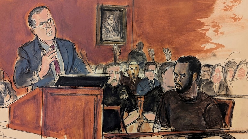 Court drawing of the trial (Bild: AP ( via APA) Austria Presse Agentur/Elizabeth Williams)