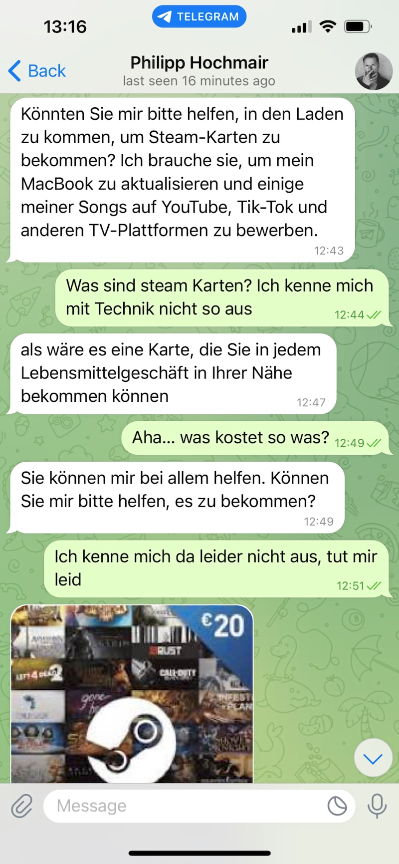 Der Betrugs-Chat setzt sich auf Telegram fort (Bild: zvg)