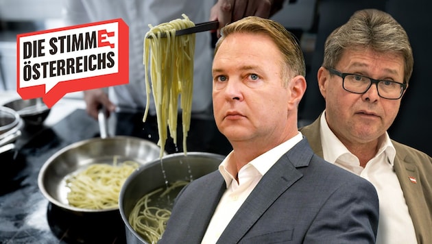 The majority of Austrians are in favor of a hot lunch at school. Babler takes Sweden as a role model. Polaschek spoke to the school teachers. (Bild: Krone KREATIV/APA/ROLAND SCHLAGER, Imre Antal, SEPA Media/Michael Indra)