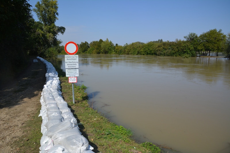 Auf der einen Seite kann das Wasser auf die Felder ausweichen. Dorfseitig wird der Damm durch Sandsäcke erhöht.  (Bild: Charlotte Titz)