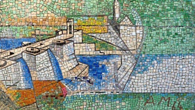 Ausschnitt aus Anton Mahringers Mosaik, das bei der Kelag in Klagenfurt zu sehen ist. (Bild: Bundesdenkmalamt)