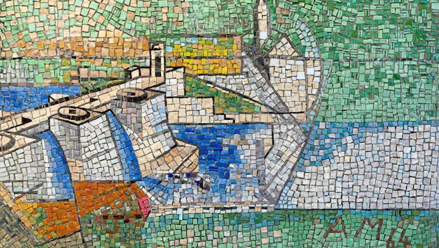 Ausschnitt aus dem Mosaik Anton Mahringers, das in der Kelag-Zentrale ein spannender Teil des ...