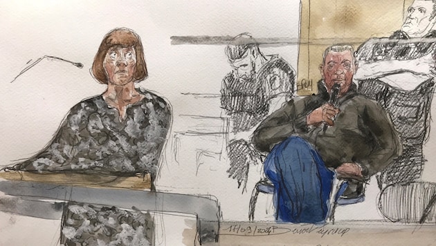 A courtroom sketch artist captured Gisele and Dominique Pelicot in the courtroom. (Bild: APA/AFP)