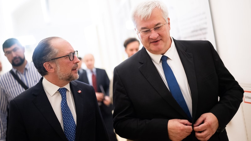 Der neue ukrainische Außenminister Andrij Sybiha hat am Donnerstag im Rahmen seiner ersten Auslandsreisen auch Österreich besucht. Dabei wurde er von Außenminister Alexander Schallenberg (ÖVP) empfangen. (Bild: APA Pool/APA/BMEIA/MICHAEL GRUBER)