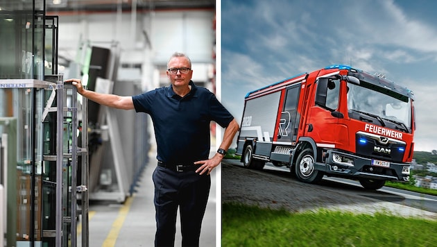 Glass is becoming scarcer, Klinger (left) knows, but there are more chassis, which is causing positive stress at Rosenbauer. (Bild: Krone KREATIV/Markus Wenzel, Rosenbauer International)