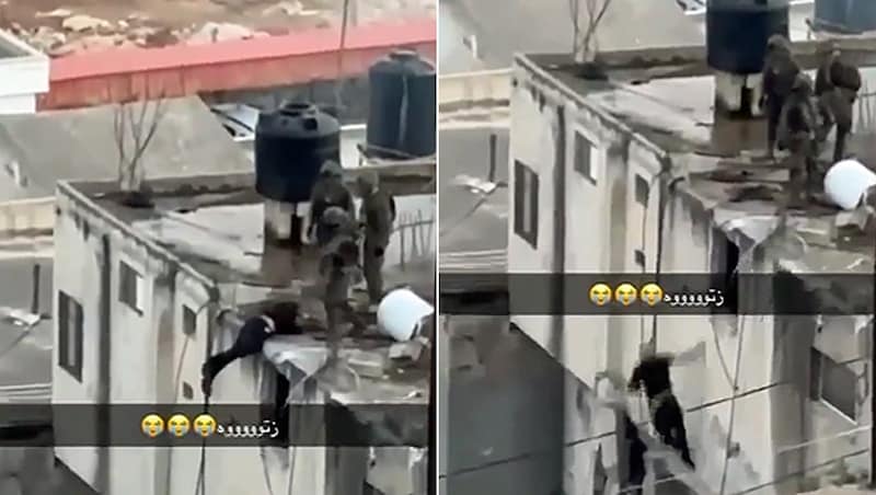 The videos are circulating on social media and are said to show Israeli soldiers throwing bodies from the roof of a house. (Bild: x.com/uncensorednews9)