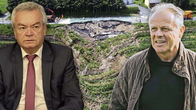 Who has to pay for the damage? Styrian deputy governor and traffic officer Anton Lang (left) and winegrower Manfred Tement have divergent views. (Bild: Krone KREATIV/Land Stmk. (Straßen-Fotos), Christian Jauschowetz, Lukas Elsneg)