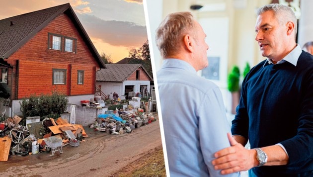 Die Schäden in Niederösterreich sind enorm. Kanzler Karl Nehammer verhandelte mit seinem polnischen Pendant Dusk. (Bild: Krone KREATIV/BKA, Imre Antal)