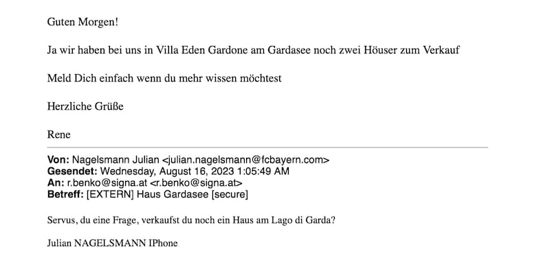 Extract from the e-mail correspondence between Julian Nagelsmann and René Benko (Bild: zVg)