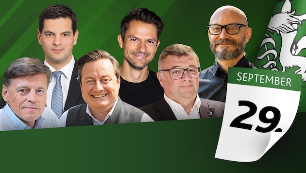 The Styrian top candidates (from left): Veit Dengler (NEOS), Hannes Amesbauer (FPÖ), Kurt Egger (ÖVP), Jakob Schwarz (Greens), Jörg Leichtfried (SPÖ) and Hanno Wisiak (KPÖ) (Bild: Alisa Vengerova, Parlamentsdirektion, Christian Jauschowetz, Peter Tomschi)