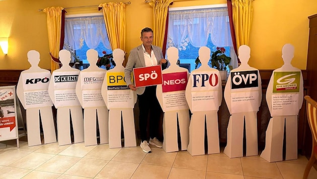 Andreas Haitzer with nine cardboard figures, symbolizing all the other parties. (Bild: zvg)