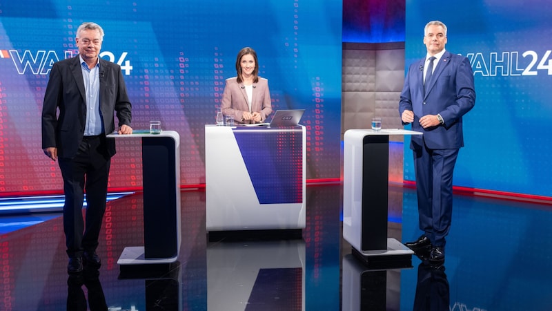 Competed against each other in the TV studio this time: Vice-Chancellor Werner Kogler and Chancellor Karl Nehammer (Bild: APA/GEORG HOCHMUTH)